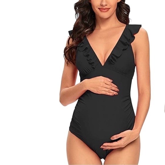Zoila Maternity Swimsuit One Piece Ruffled V-Neck Black Strappy Back Siz… - Picture 9 of 10
